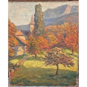 Edmond Ceria (1884 - 1955) évian Les Bains ,church, Orchard, Mountain