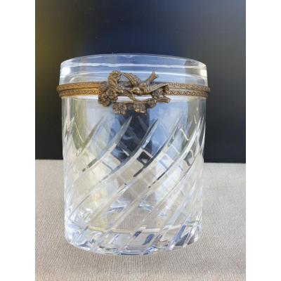 Crystal Box Oval Box Brass Flowers Bird 19th Century