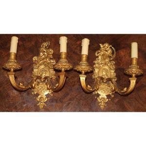 Pair Of Wall Lamps In Gilt Bronze Louis XIV Style.