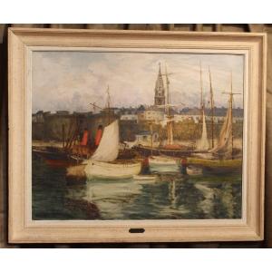 Large Oil On Canvas "port Of Saint Malo" By Jeanne Simonnet