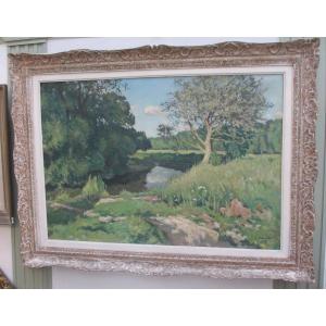 Large Oil On Canvas "the Banks Of The Risle" By Alfred Swieykowsky