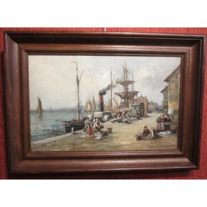 Grande Huile Sur Toile "quais De Trouville" Par Gustave Mascart