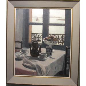 Oil On Canvas "window In Lomener" By Morin Jean