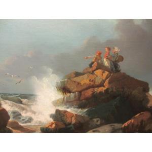 "children On The Seaside" Oil On Cardboard Attributed To Eugène Le Poittevin