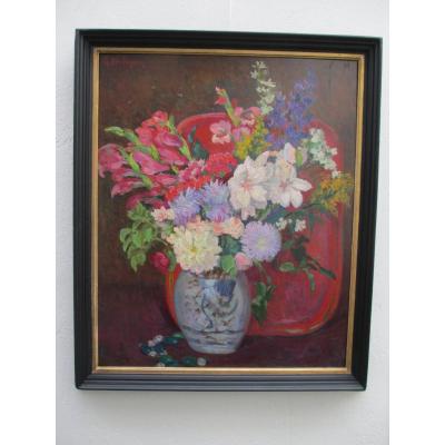 Oil On Cardboard: Bouquet Of Flowers