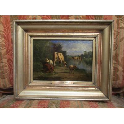 Oil On Panel "herd Drinking Water" By André Cortés Y Aguilar.