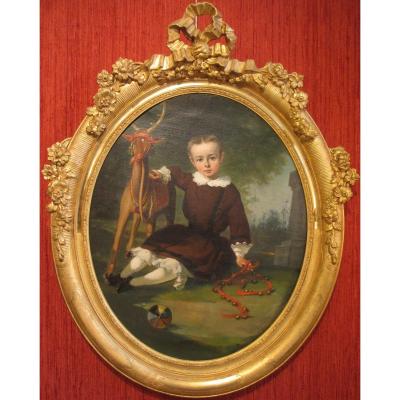 Oil On Canvas: "portrait Of A Child In The Middle Of His Toys" By Charles Colson.