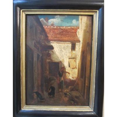 Oil On Panel "back Yard Of Farm" By Edouard Charles Hugot