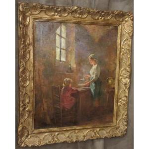 Huile sur toile : "Intérieur paysan " par René Chrétien .