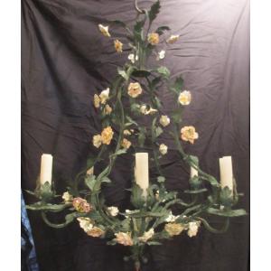 Foliage Chandelier In Painted Iron And Porcelain Flowers
