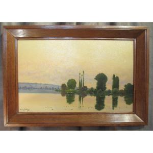 Oil On Cardboard : Dusk At The Water's Edge By H .j . Delpy.