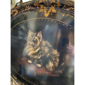 Very Large Tray In Painted And Burgundy Sheet Metal, Cat Decor, Napoleon III Period.