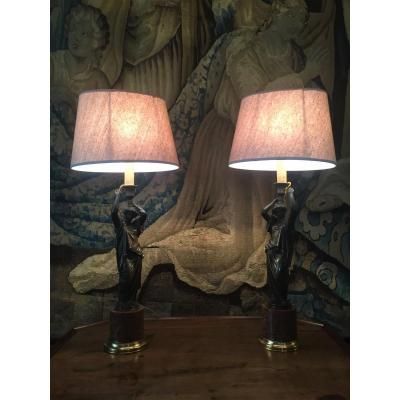 Pair Of Bronze Lamp Feet With Vestal Decor
