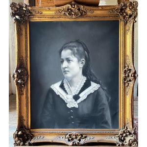 Charles Duvent, Portrait Of A Young Girl In Charcoal