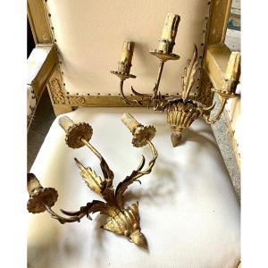 Pair Of Wall Lamps In Golden Sheet Metal. Twentieth Century