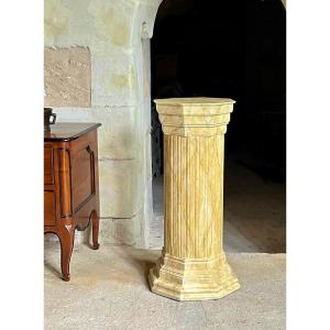 Wooden Column Decorated With Faux Yellow Marble. Early 20th Century. 