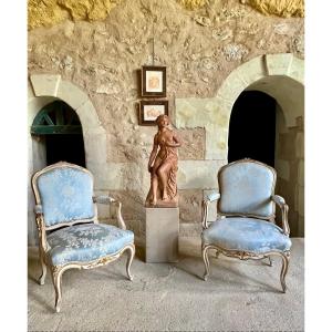 Pair Of Painted And Gilded Wood Armchairs With Queen Backs, Late 19th Century
