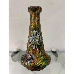 Small Enamel Vase On Copper Signed H. Patina A Sevres