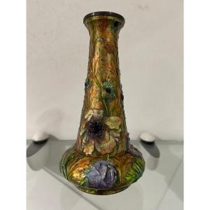 Small Vase In Sevres Enamel Signed H. Patinated