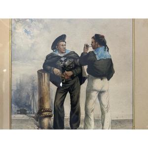 Watercolor Signed Jules Despres 1878 Two Sailors In Port