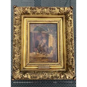 Oil Painting On Panel By Hippolyte Boug d'Orschwiller The Monkey With The Box Of Gold Coins