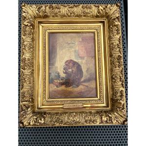 Oil On Panel By Hippolyte Boug d'Orshwiller The Monkey And His Gold Coins