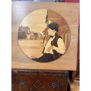 Marquetry Painting By Paul Spindler The Alsatian With The Pipe