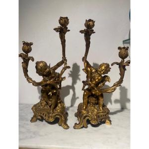 Pair Of Napoleon III Period Candlesticks Gilded Bronze Putti With Two Branches