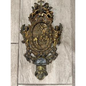 Benitier Bronze XVIII Head Of Christ And Nativity Scene