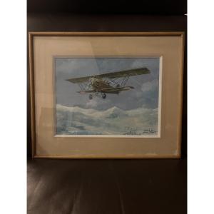 Gouache Signed Louis Petit Plane Potez 25 Flying Over A Snowy Mountain