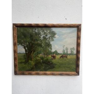 Oil On Canvas Signed D. Koechlin Landscape With Cows