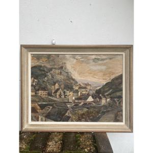 Oil Painting On Canvas View Of Ferrette Signed Leon Lehmann 1943