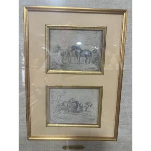 Drawings Signed Jule Jacques Veyrassat. Groups Of Horses