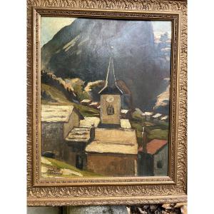 Painting Signed Joseph Victor Communal Church Of Pralognan