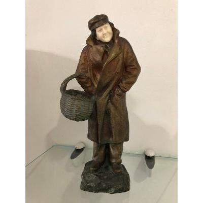 An Overland Bronze And Ivory Sculpture Representing A Man With His Basquet By Secarel