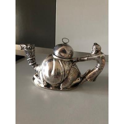 Teapot Silver Metal Signed Marriage Brothers In Paris Forming A Camel Pulled By The Camel Driver