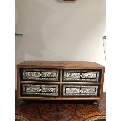Inlaid Cabinet Four Drawers Hunting Scenes Bones And Ivories XIX E Time
