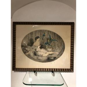 Louis Icart Engraving Woman With Three Parrots