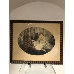 Engraving By Louis Icart La Cage Rouge