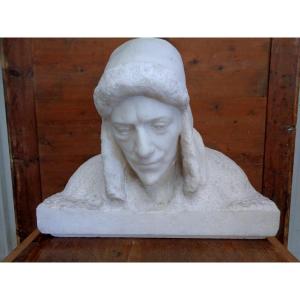 Bust Of A Man Wearing A Fur Hat In Carrara Marble