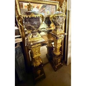 Large Pair Of Columns With Vases, In Marble And Bronze, Louis XV Style