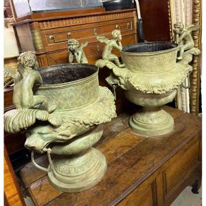 Pair Of Bronze Vases With Green Patina 