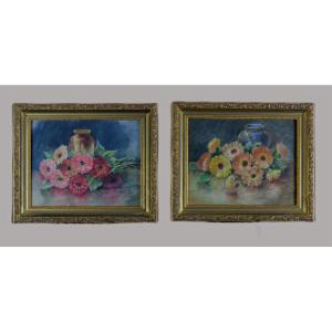 Pair Of Watercolors Of Flowers By M. Renaud