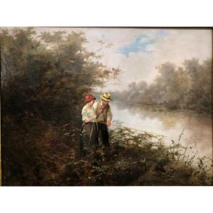 19th Century School; Illegible: "fishing Lesson" Oil On Canvas XIX°