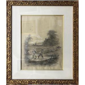 Defer Jules (1803-1902): "the Brawl" Pencil And Ink Wash; Nice