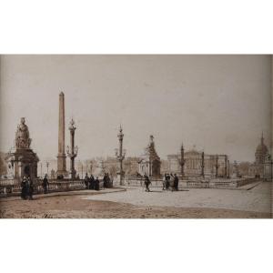 Justin Ouvrié (1806-1879):2 Lavis " Place De La Concorde, Palais Bourbon, Paris 1842 "