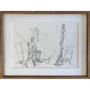 Alberto Giacometti 1901-1966: Seated Man And Sculpture, 1961 Lithograph On A Double Page.