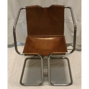 Piero Batini (xx°) Italy Design: "armchair In Chromed Tubular Steel And Leather" Signed On The Leather