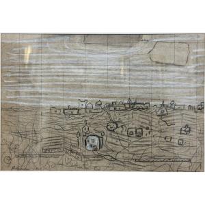 Pierre Lesieur (1922-2011) School Of Paris: “landscape”; Pencil Drawing Enhanced With White