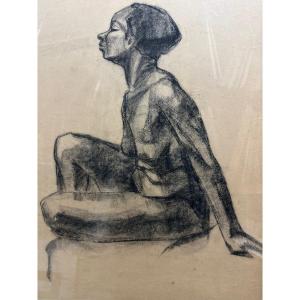 Large Charcoal Study In The Style Of Auguste Mambour Belgium 20th Century: "seated African Woman"